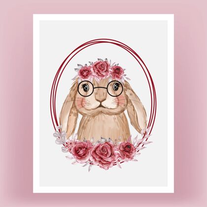 花环可爱的花环水彩兔子绘画水彩插画花束