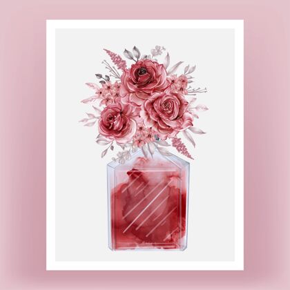 女性香水和玫瑰勃艮第水彩剪贴画喷雾香精时尚