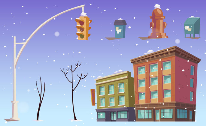 大都市城市建筑 交通灯 街道垃圾箱 树木和降雪大都市雪城市景观