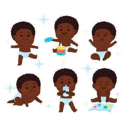可爱手绘黑色婴儿系列设置家庭在黑色黑人