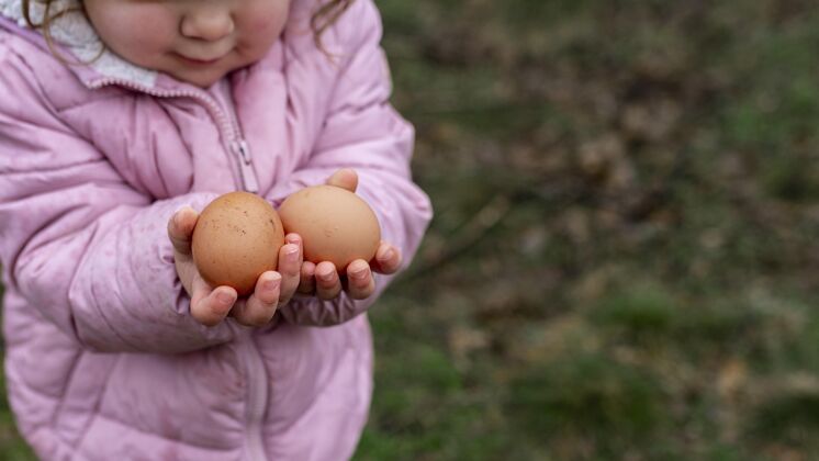 特写靠近拿着鸡蛋的小孩生活方式户外鸡蛋