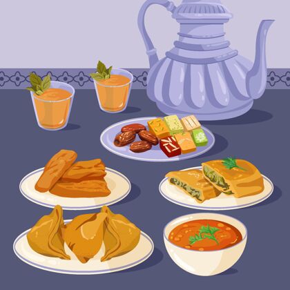 开斋节手绘开斋大餐插图伊斯兰食品插图