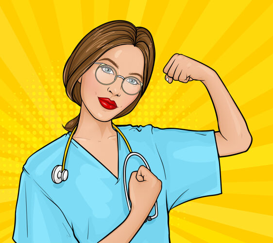 护士穿制服戴眼镜的女人用拳头展示她的力量女孩医生人