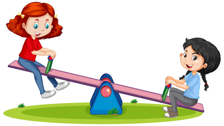 场景卡通人物女孩在白色背景上玩跷跷板快乐背景公园