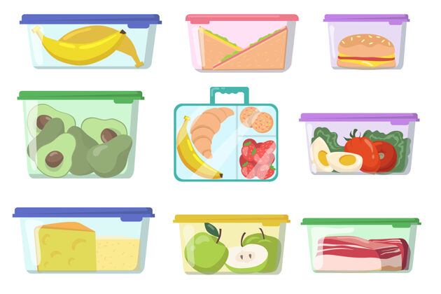 午餐时间塑料容器与各种食品平套水果储藏鸡蛋