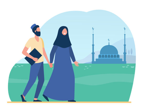 人物去清真寺伊斯兰教 头巾 礼拜平面插图卡通插图信仰民族