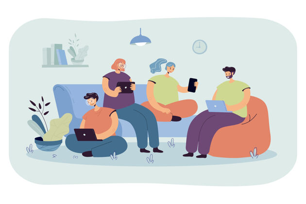 互联网一群带着数码设备的朋友在家开会 坐在一起卡通插画时间女孩小组