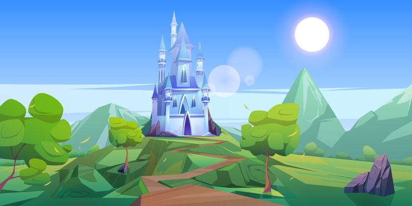 树童话城堡在山上矢量卡通景观的童话王国与岩石建筑童话可爱