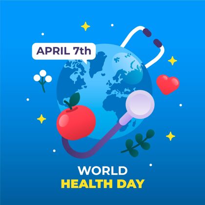 健康世界卫生日插图与行星和听诊器活动庆典听诊器