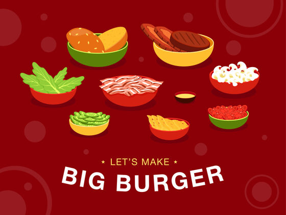 不健康红色背景设计 汉堡配料在碗上让我们在家里做美味的快餐卡通插图美味奶酪肉