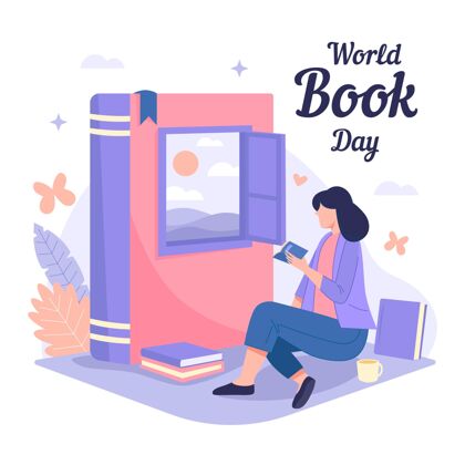 智力手绘的世界图书日插画与妇女阅读读书日庆祝手绘