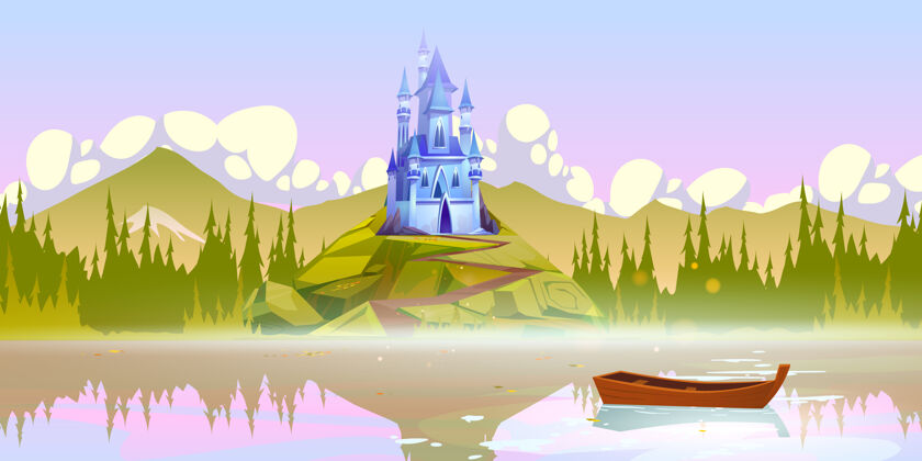 堡垒山顶上的神奇城堡 靠近河边的码头 夏天水面上有小船皇室卡通风景
