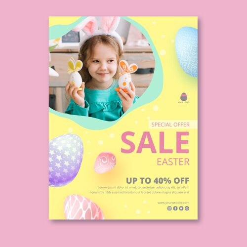 准备打印垂直海报模板复活节出售可爱的女孩购物庆祝复活节彩蛋