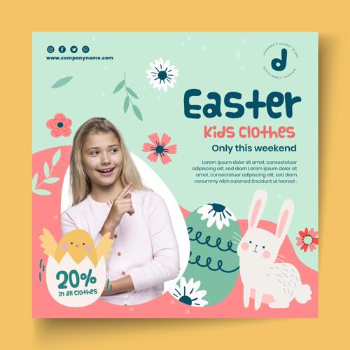 提供与女孩和兔子复活节销售方形传单模板假日准备打印宗教