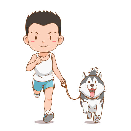 速度卡通人物 男孩和西伯利亚哈士奇狗一起奔跑男人狗马拉松
