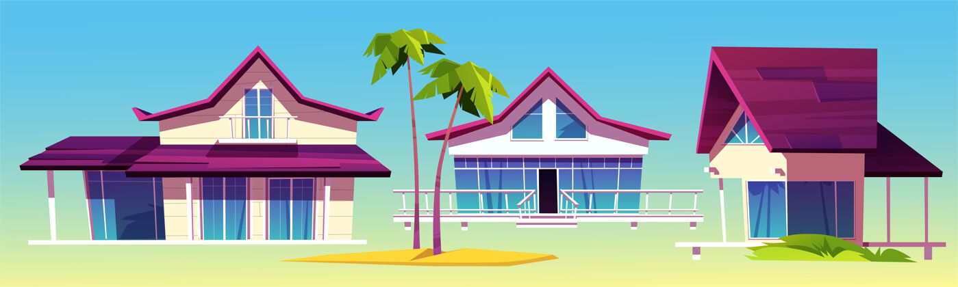 水避暑别墅 海滩上的平房 热带酒店建筑和棕榈树建筑海滩集