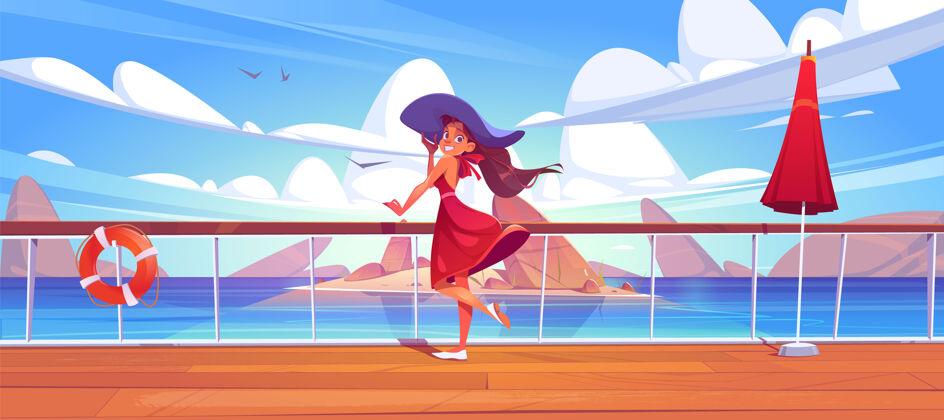 甲板游轮甲板上的女人或码头上的海景 女孩在夏天的衣服和帽子放松船上帽子女人伞