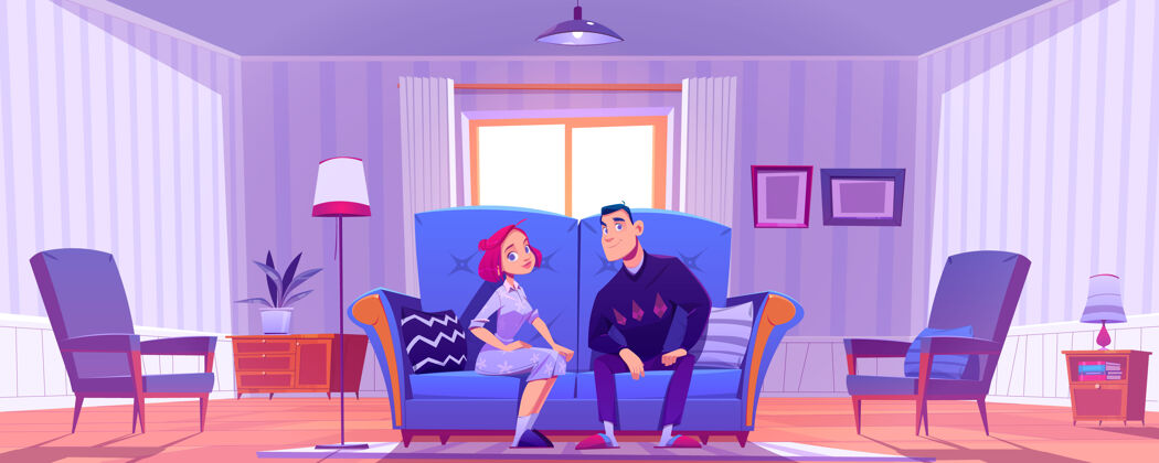 浪漫幸福的一对 年轻人和女人坐在客厅的沙发上木头房间丈夫