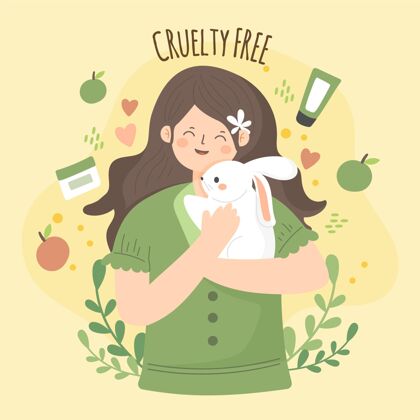 女性手绘残忍自由和素食主义插图与妇女抱兔子插图有机兔子