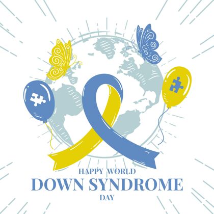 唐氏综合症手绘世界唐氏综合症日插图与行星和丝带丝带残疾全球