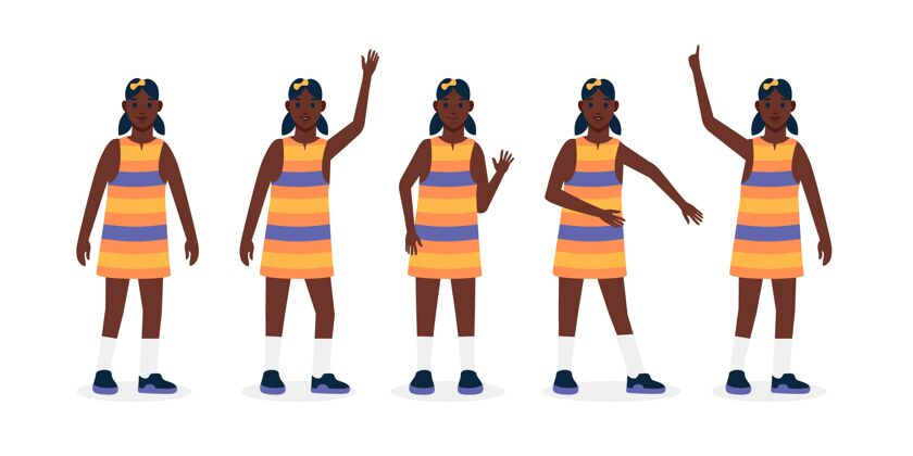 扁平平面手绘不同姿势的黑人女孩非裔美国人黑色女孩包装