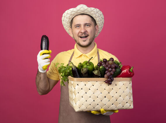 充分年轻的园丁穿着连身衣 戴着帽子 戴着工作手套 手里拿着装满蔬菜的箱子 展示着新鲜的茄子 微笑着 站在粉色的墙上 快乐而积极地看着前方积极快乐人