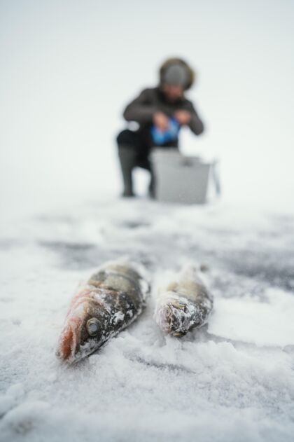 渔夫准备在冰冻的湖里钓鱼的人诱饵人鱼