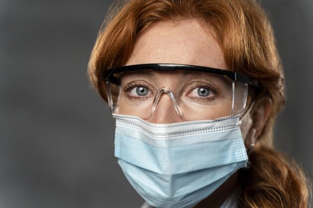 复印空间戴着医用面罩和安全眼镜的女医生的正面图全科医生职业职业