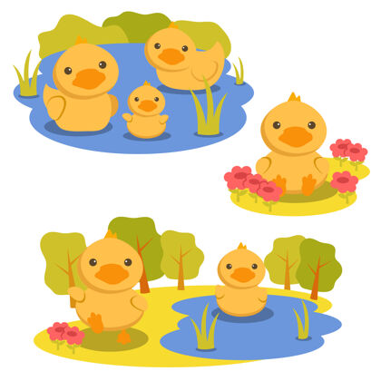 头一组动物角色 一只鸭子在水里和花园里玩耍设置海花