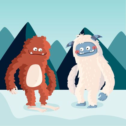 动物手绘大脚大脚怪和雪人可爱的雪人插图雪人野兽幽灵