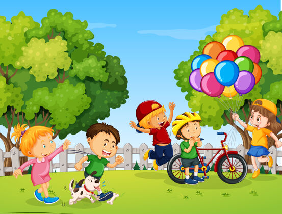 游乐场快乐的孩子们在公园里玩自行车自然户外