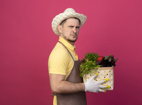 花园年轻的园丁穿着连体衣 戴着帽子 戴着工作手套 手里拿着装满蔬菜的箱子 严肃地看着前面 皱着眉头站在粉红色的墙上帽子满的工人