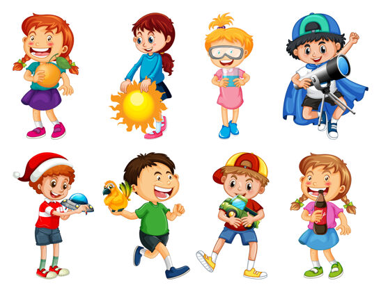 童年一组不同的孩子玩他们的玩具卡通人物隔离在白色背景上学校快乐男性