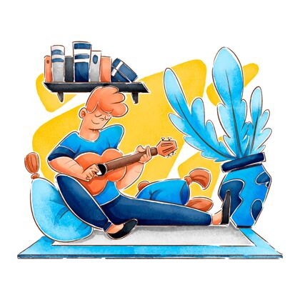平面手绘平面手绘海格与男子弹吉他插图书籍舒适Hygge