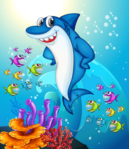 环境快乐鲨鱼卡通人物在水下与许多异国鱼类场景元素大情感