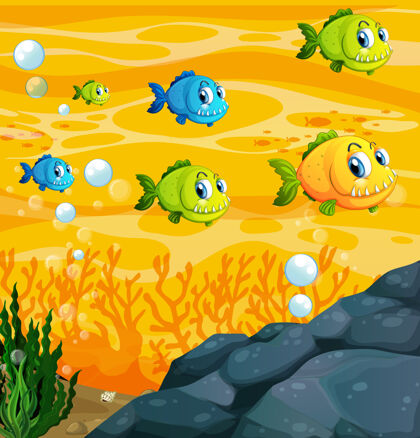 卡通许多奇异的鱼卡通人物在水下场景与珊瑚活着水生表情