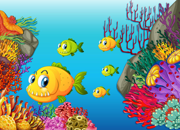 珊瑚许多奇异的鱼卡通人物在水下场景与珊瑚背景水眼睛