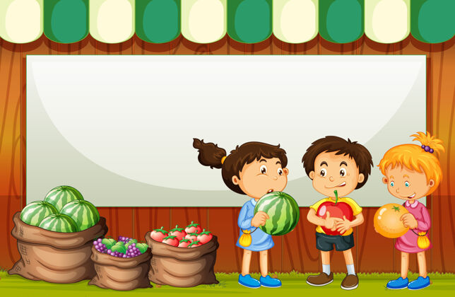 自然空白横幅与三个孩子在水果市场的主题外面标志空白