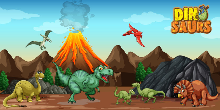 自然自然场景中的恐龙卡通人物空白场景恐龙