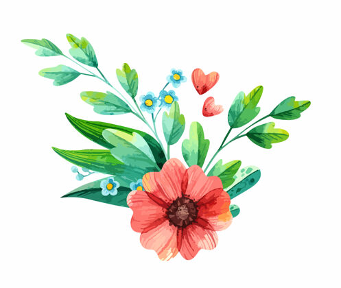 构图水彩插花与春天的植物-海葵和忘我不花瓣花卉花卉