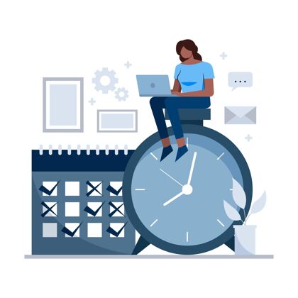 效果时间管理的概念女人在时钟上动机时间平面手绘
