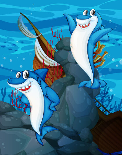 对象快乐鲨鱼卡通人物在水下与许多异国鱼类场景情感乐趣脸