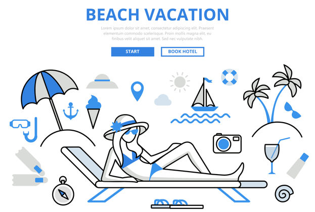 游艇海滩度假热带岛屿旅游度假酒店酒廊预订概念平面线艺术图标网站线路打印