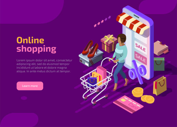 在线紫色背景上的等距网上购物概念紫色业务技术