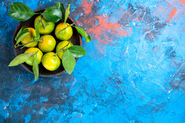 视图顶视图新鲜橘子与树叶在木制碗蓝色孤立的表面与复制空间碗果汁柠檬