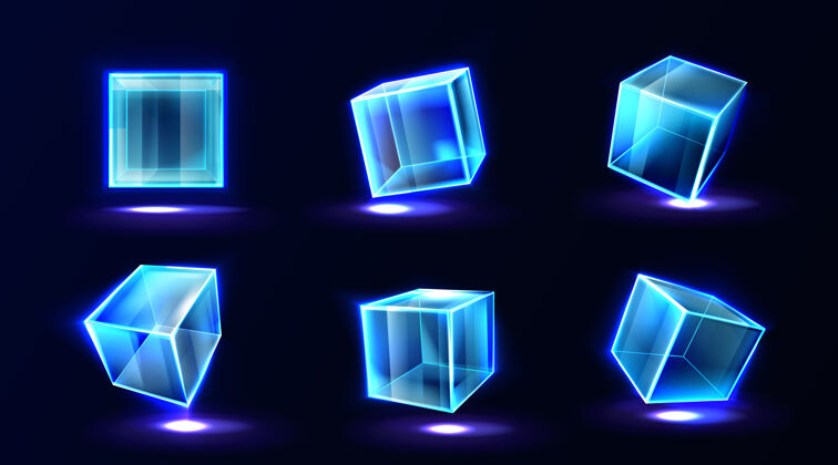 霓虹灯塑料或玻璃立方体发光霓虹灯在不同角度的看法 明确的方块 水晶块 水族馆或展览讲台 孤立的光泽几何物体 现实的三维矢量插图展示角度几何