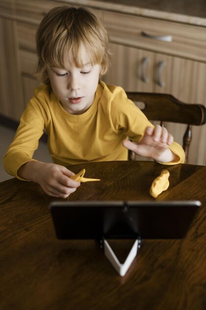 垂直高角度的男孩在家使用平板电脑消遣设备男孩