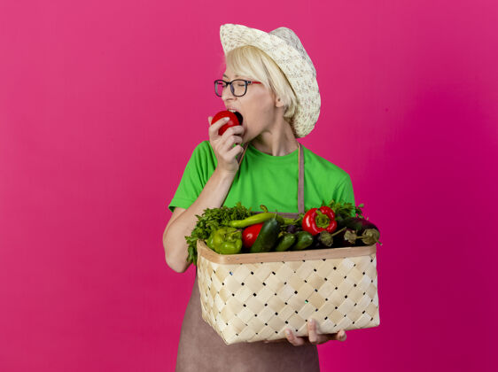 年轻一位年轻的园丁 围着围裙 戴着帽子 手里拿着装满蔬菜的箱子帽子持有咬