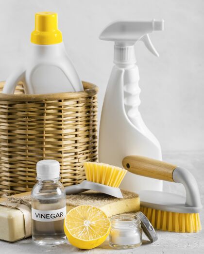 项目环保清洁刷的正面图 放在柠檬和醋的篮子里产品清洁生物