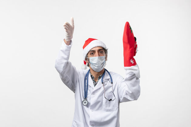 制服正面图白色墙壁病毒冠状病毒大红袜男医生-圣诞节假期大职业圣诞节